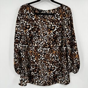 Talbots Plus Leopard Print Blouse‎ 1X Brown Black Animal Print 3/4 Sleeve Top
